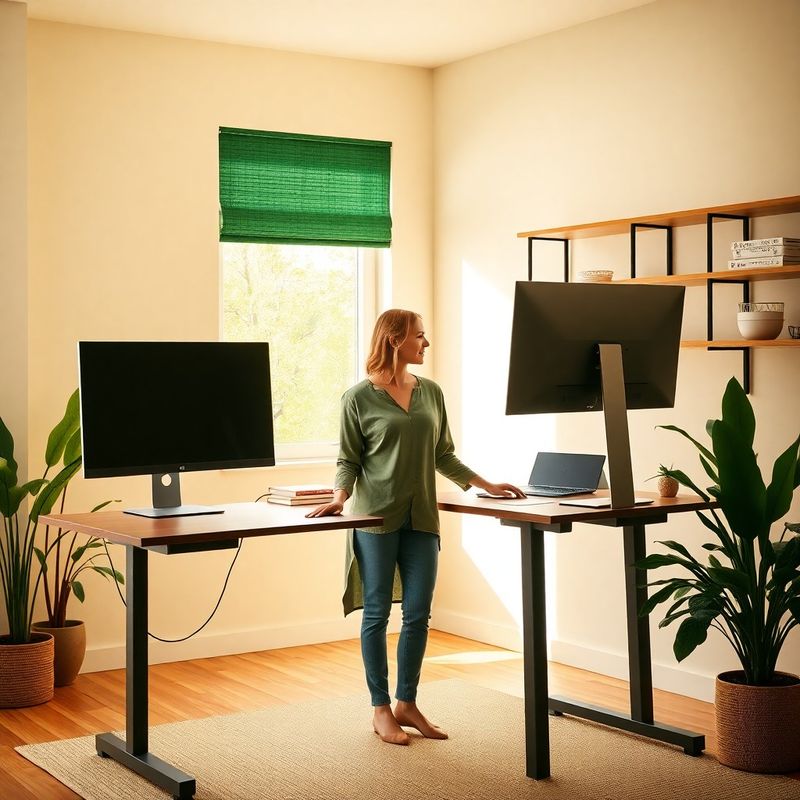 Profesionistă lucrând la un birou ergonomic cu două monitoare într-un home office calm, în nuanțe de verde și crem